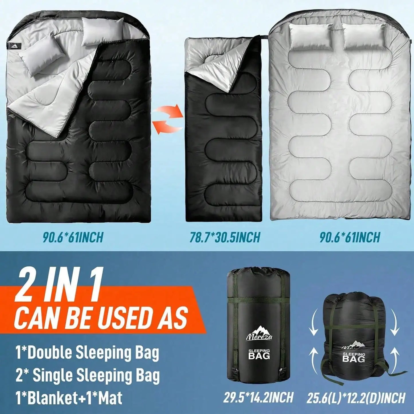 Double Adult Sleeping Bag For Cold Winter Camping With Pillow