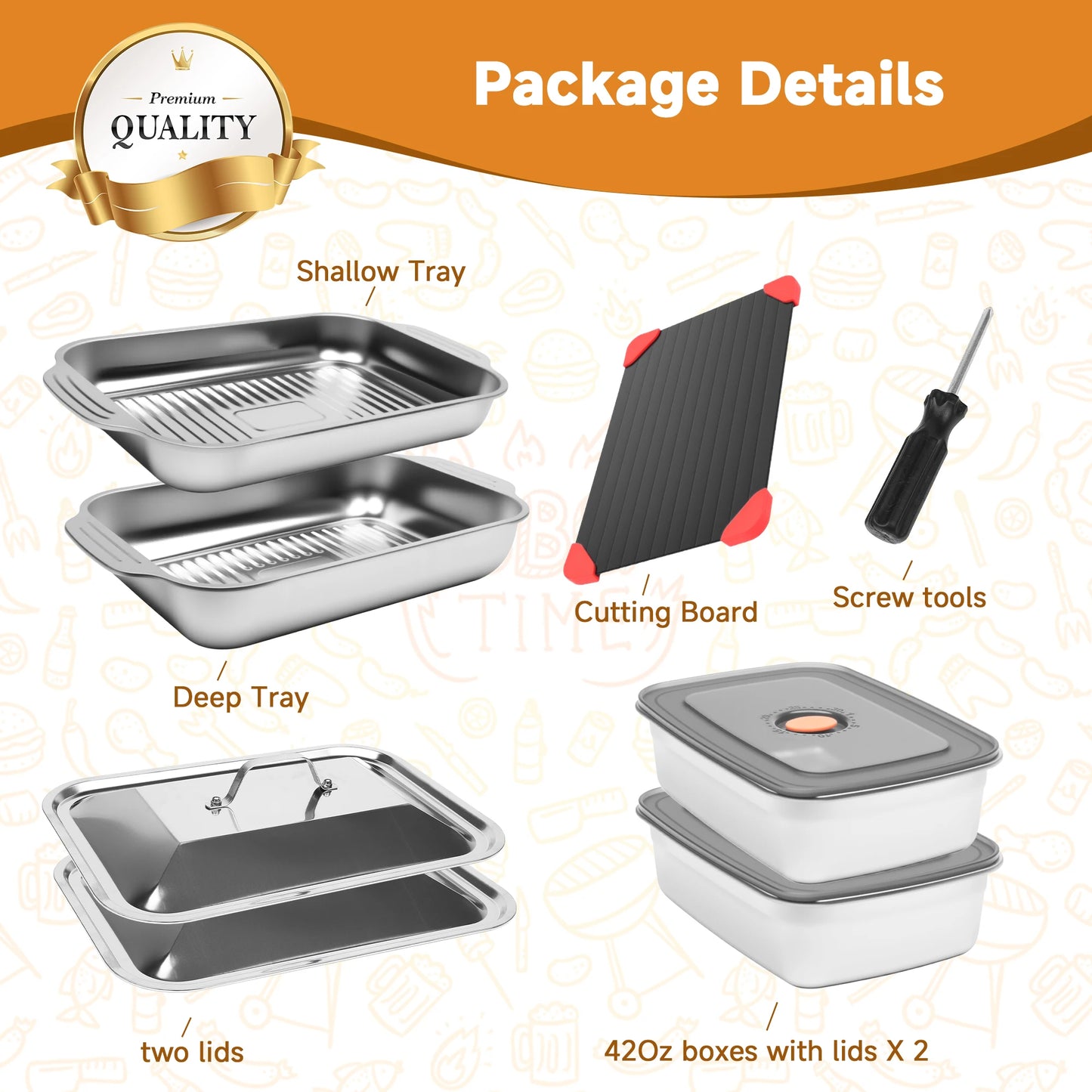 Stainless Steel Grill Prep And Serve Tray Set With Lids