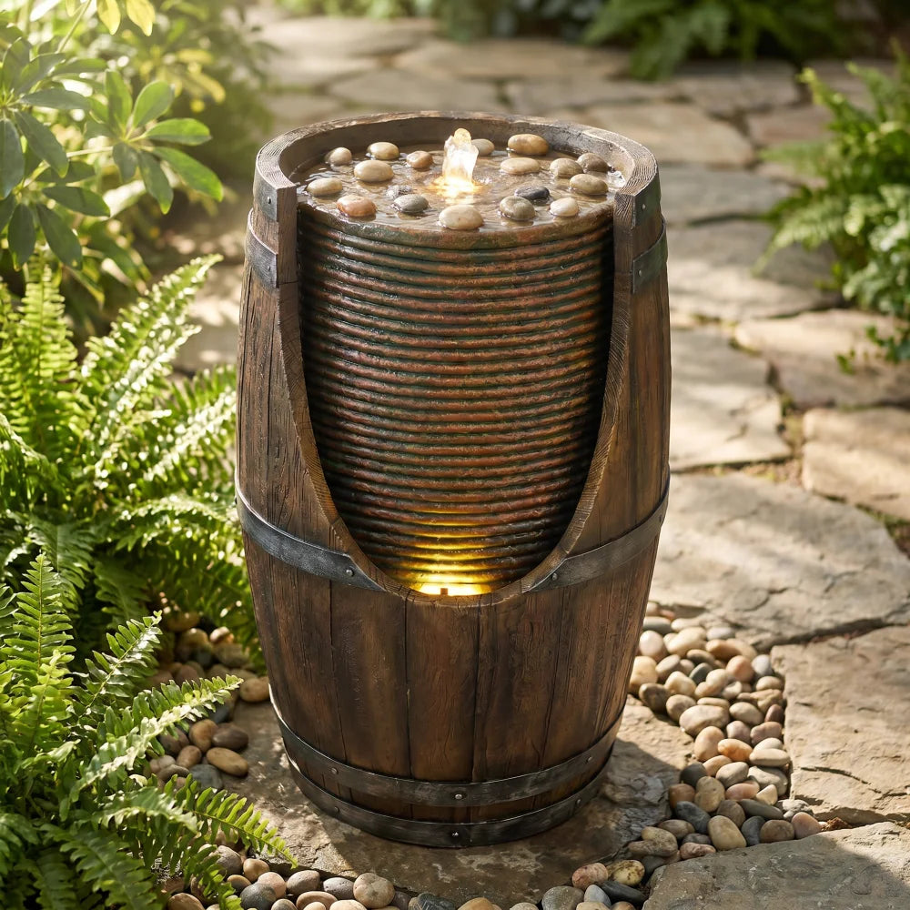 Rustic Wood Look Resin Outdoor Barrel Water Fountain With Lights