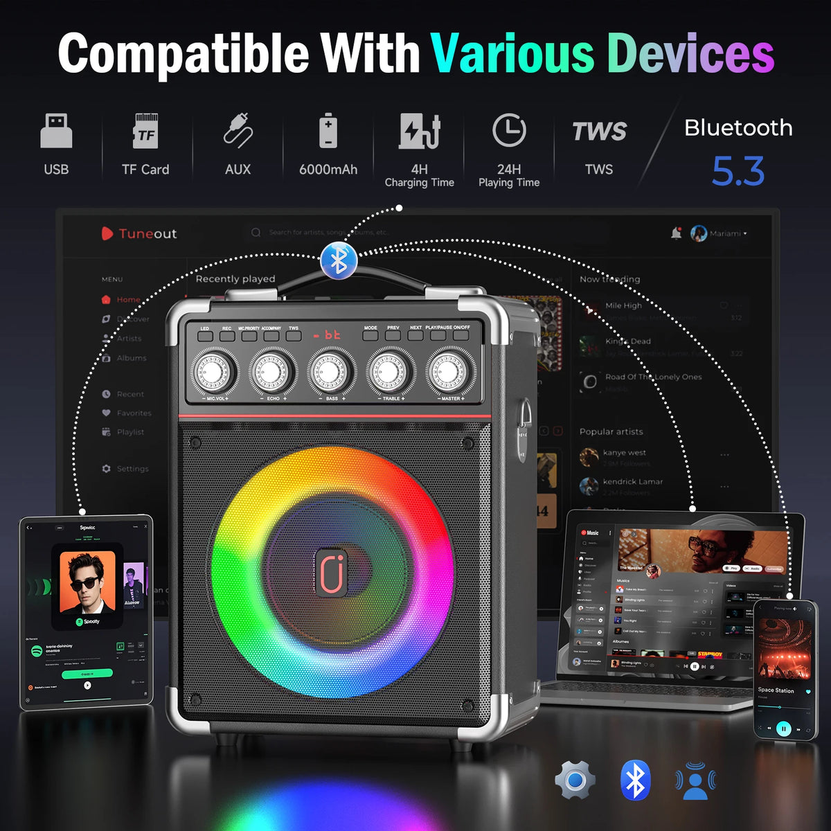 FanFun Portable Karaoke Speaker Bluetooth Dual Mics LED Display