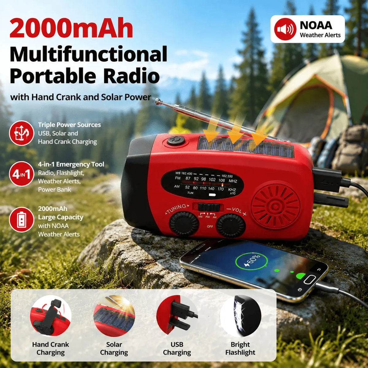 Solar Hand Crank NOAA Weather Radio With Flashlight Power Bank