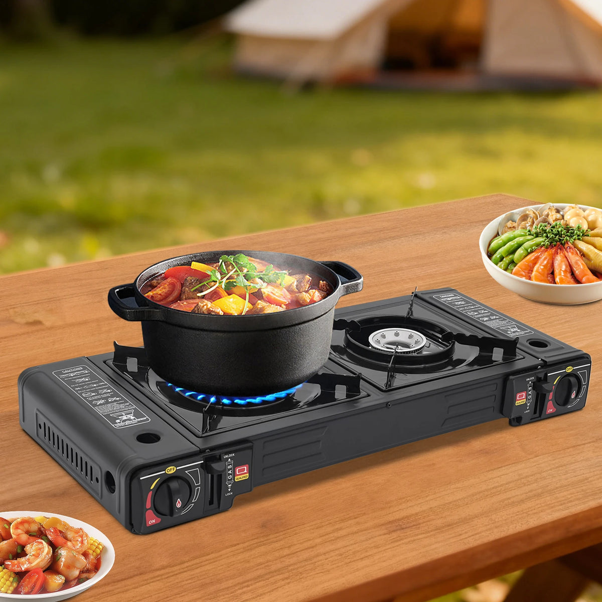 Portable Dual Burner Gas Stove with Piezo Ignition