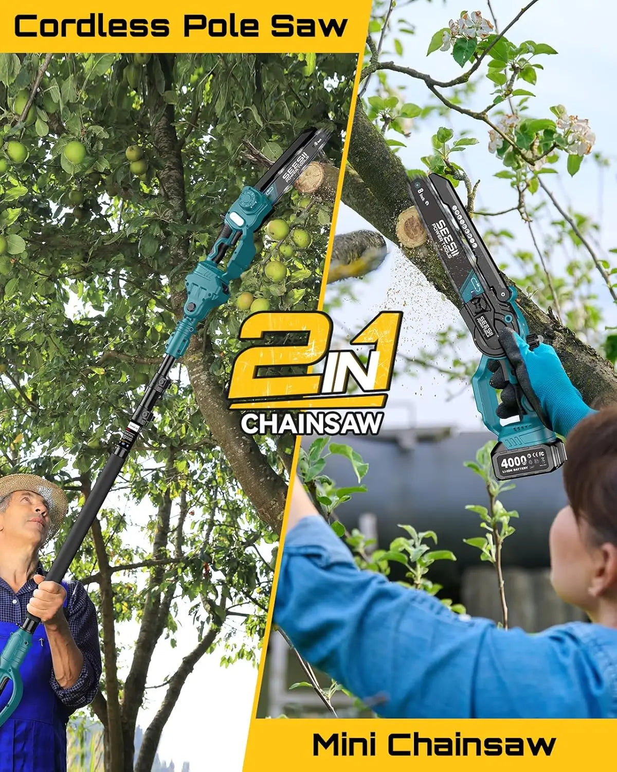 SEESII Brushless Cordless Pole Saw With Extension For Tree Trimming