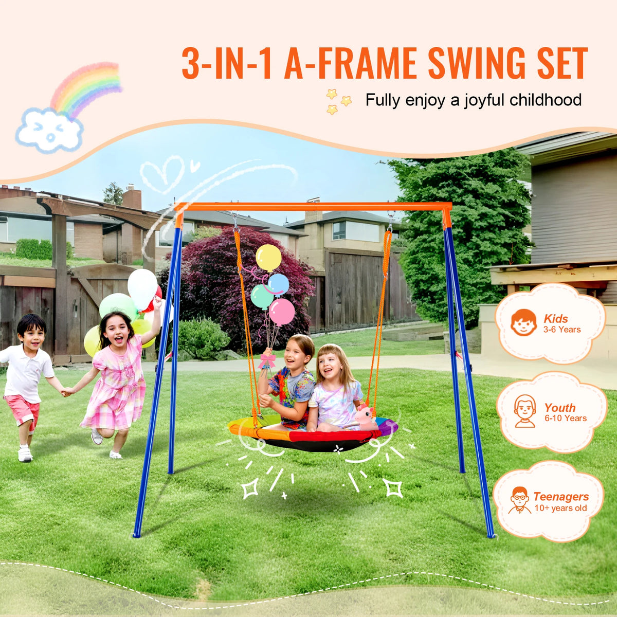 SucceBuy Kids Outdoor Swing Set With Saucer and Belt Seats