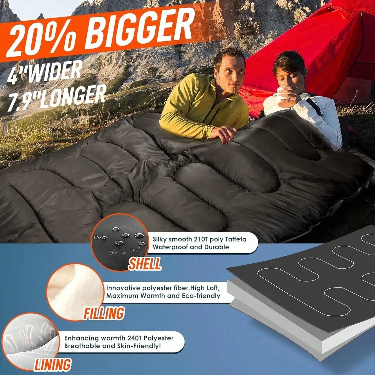 Double Adult Sleeping Bag For Cold Winter Camping With Pillow