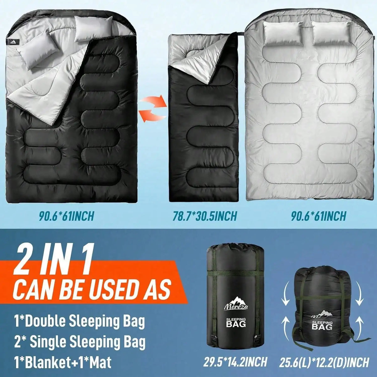 Double Adult Sleeping Bag For Cold Winter Camping With Pillow