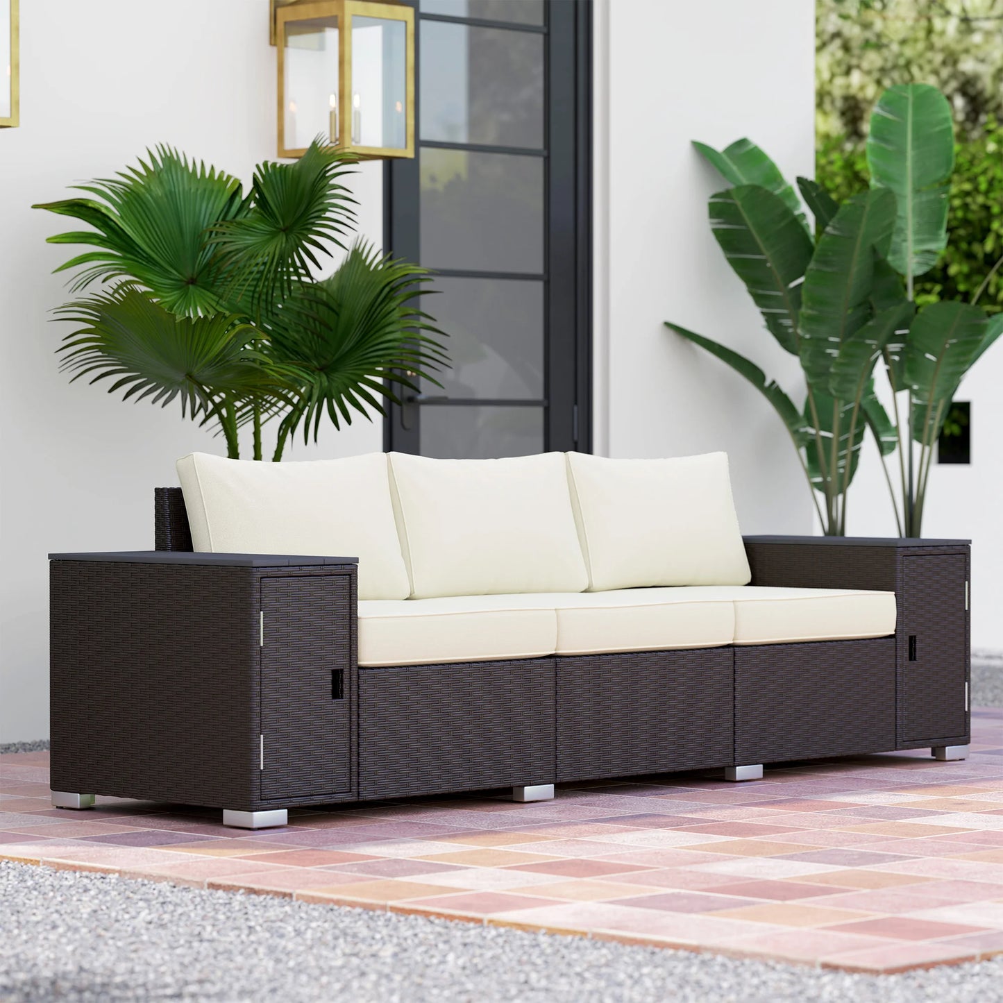 Outsunny Wicker Outdoor Couch with Storage and Thickened Cushions