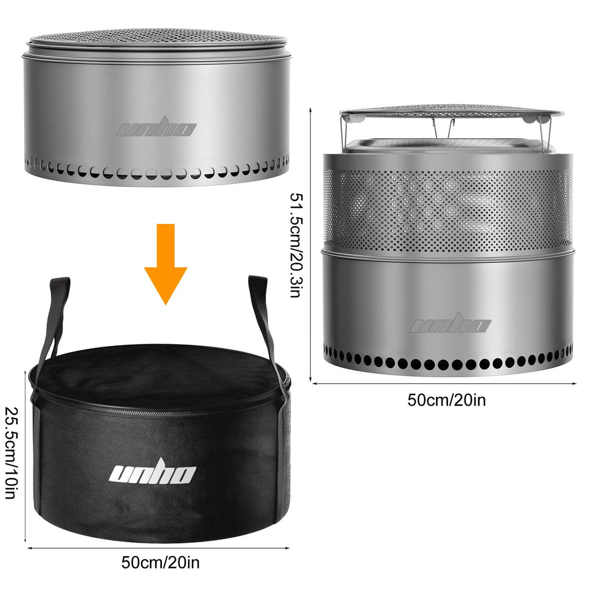 Unho Smokeless Stainless Steel Fire Pit for Camping and BBQ