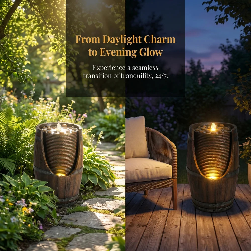 Rustic Wood Look Resin Outdoor Barrel Water Fountain With Lights