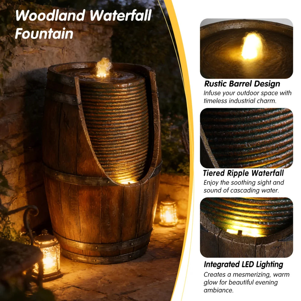 Rustic Wood Look Resin Outdoor Barrel Water Fountain With Lights