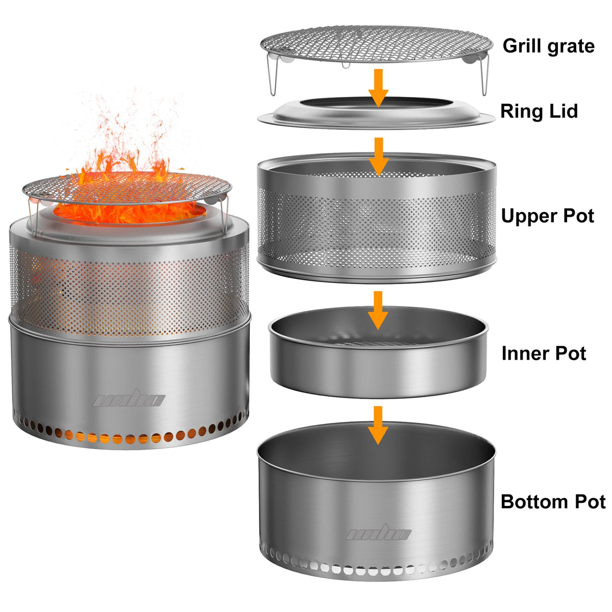 Unho Smokeless Stainless Steel Fire Pit for Camping and BBQ