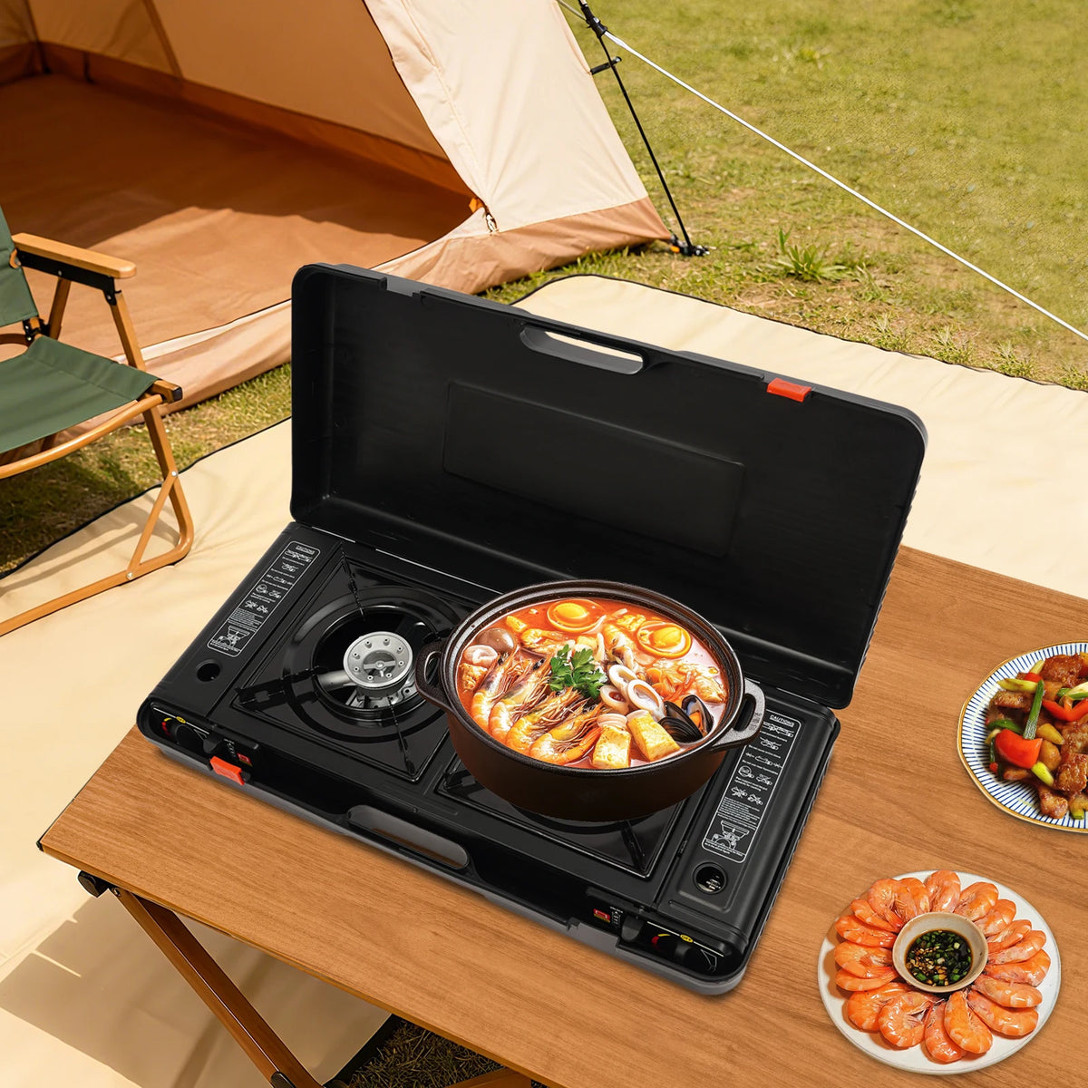 Portable Dual Burner Gas Stove with Piezo Ignition