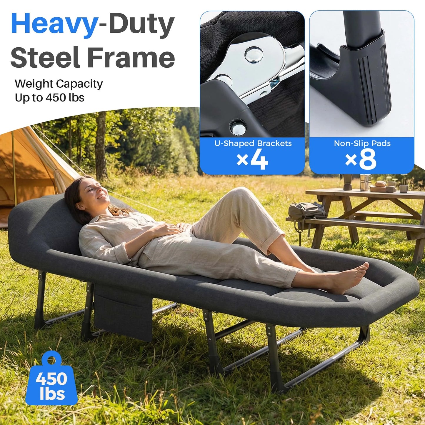 JHK Folding Camping Cot With Mattress Carry Bag 450 Lbs
