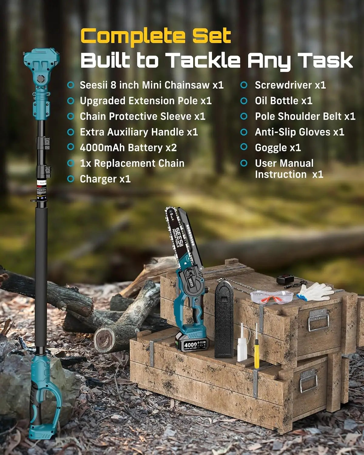 SEESII Brushless Cordless Pole Saw With Extension For Tree Trimming