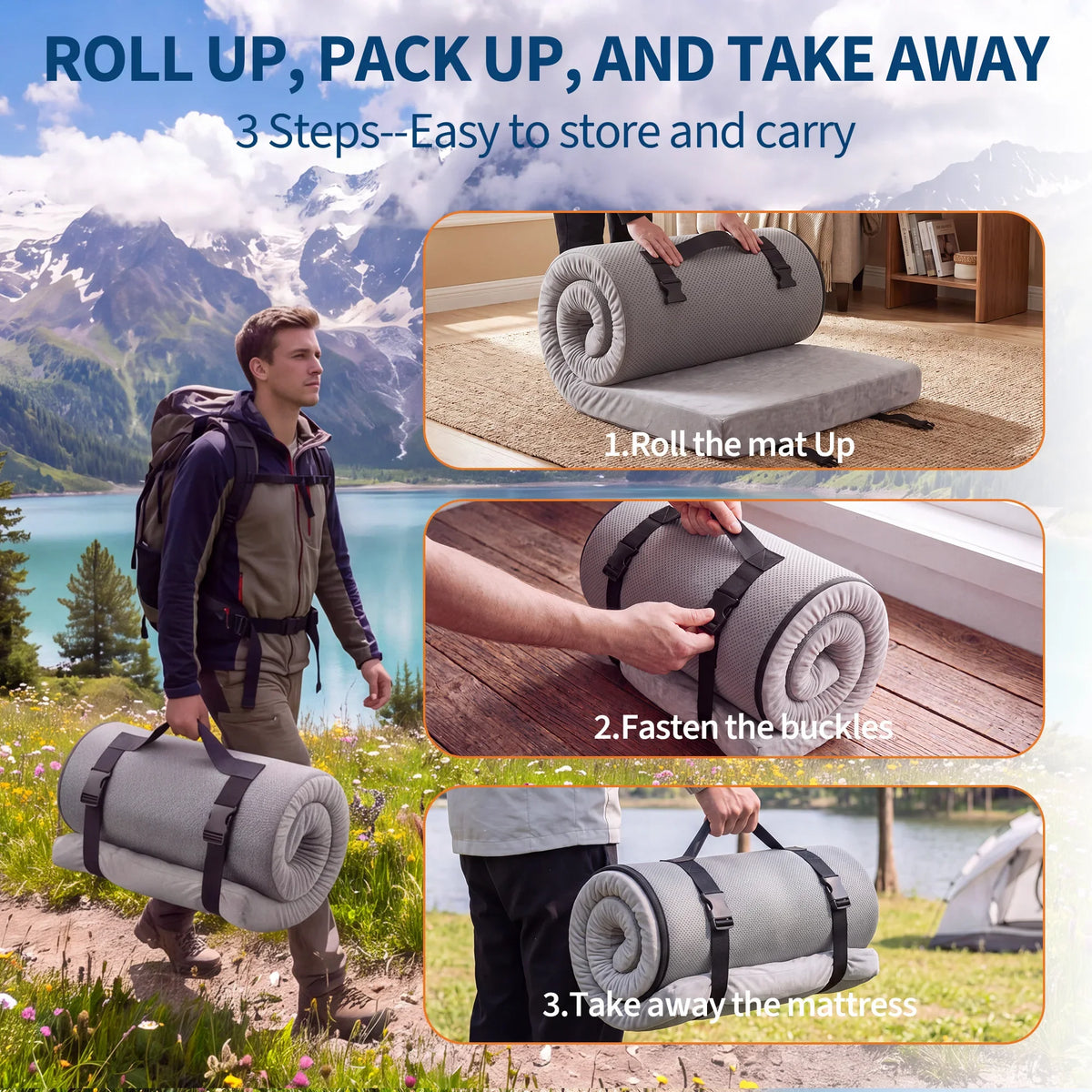 Portable Memory Foam Camping Mattress With Roll Up Design