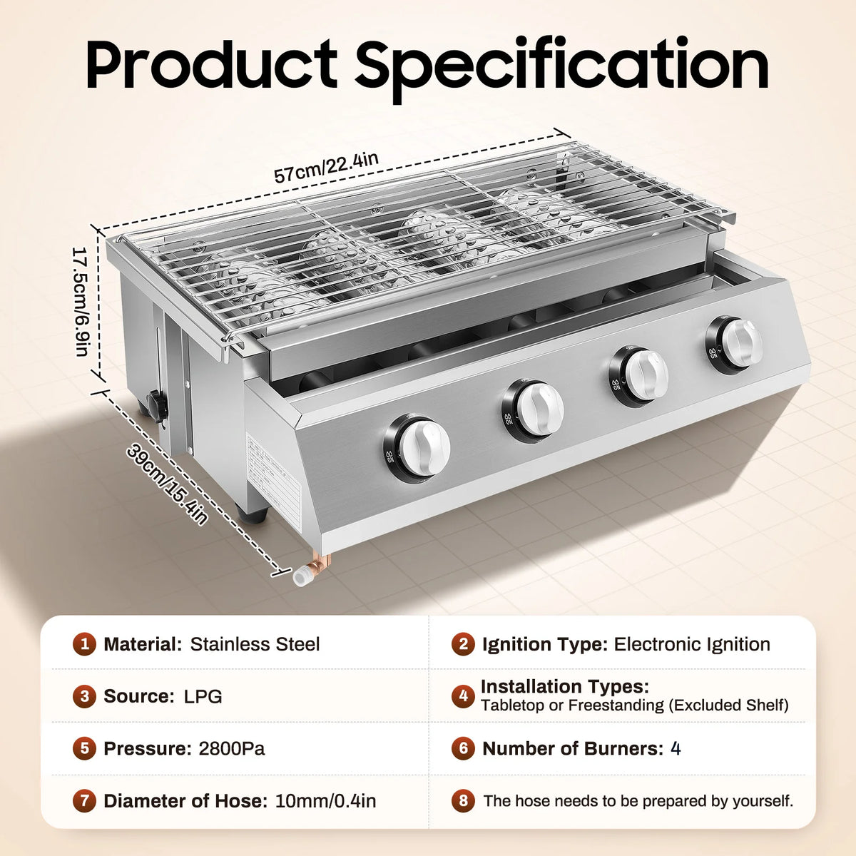 Portable Stainless Steel Propane Gas Grill With Adjustable Height