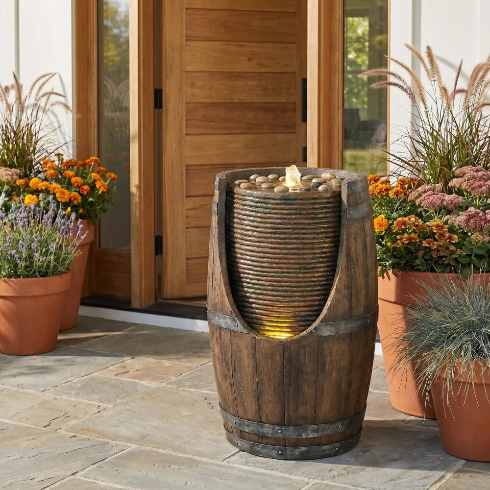 Rustic Wood Look Resin Outdoor Barrel Water Fountain With Lights