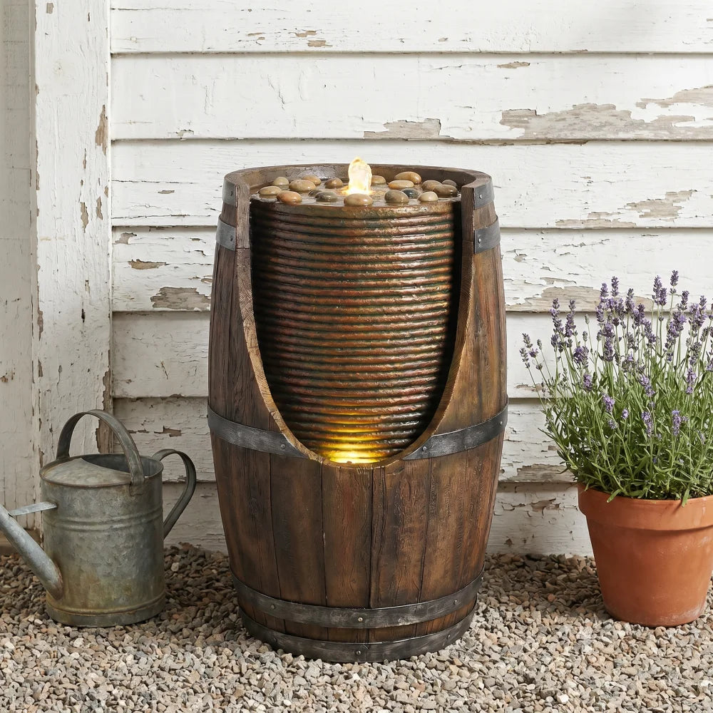 Rustic Wood Look Resin Outdoor Barrel Water Fountain With Lights
