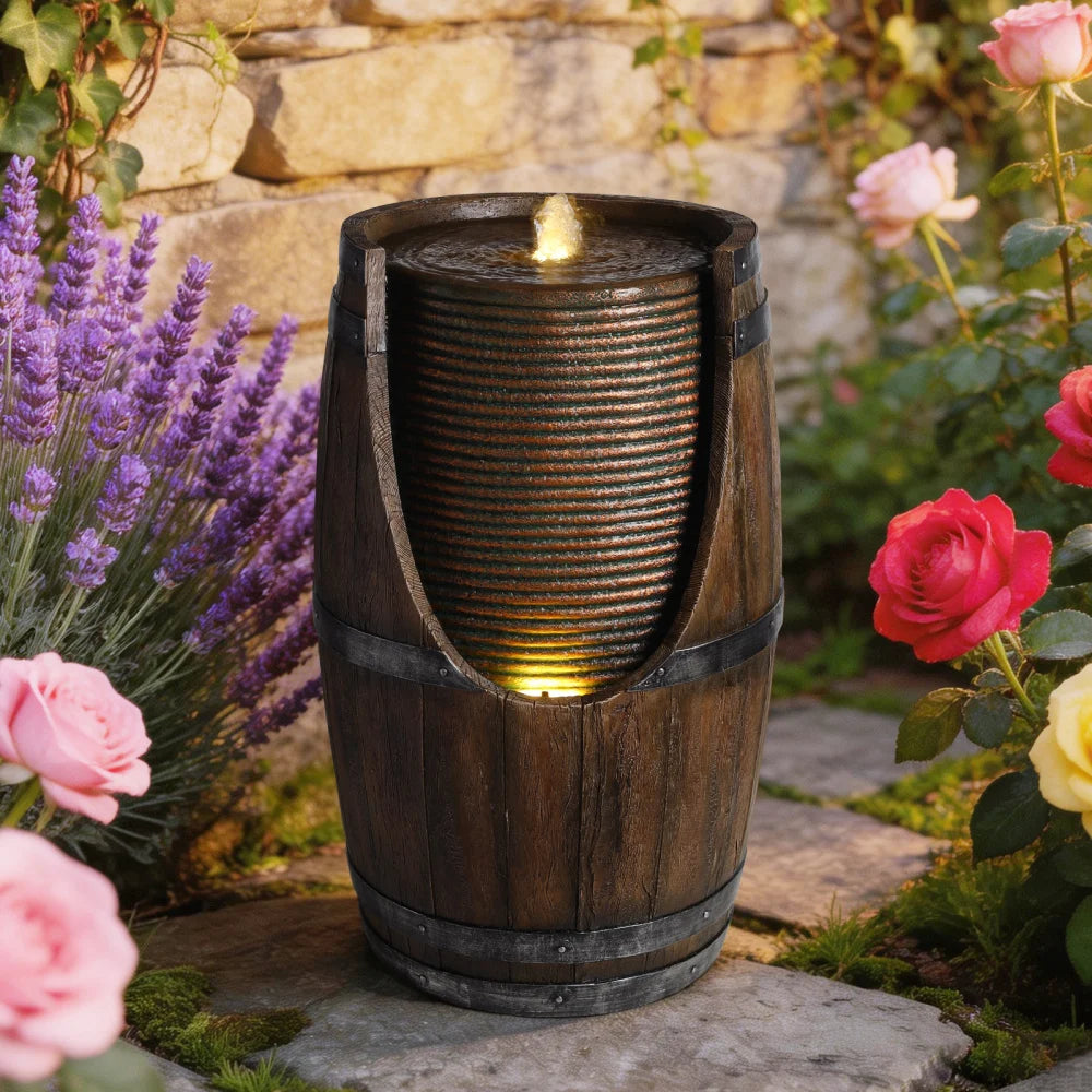 Rustic Wood Look Resin Outdoor Barrel Water Fountain With Lights