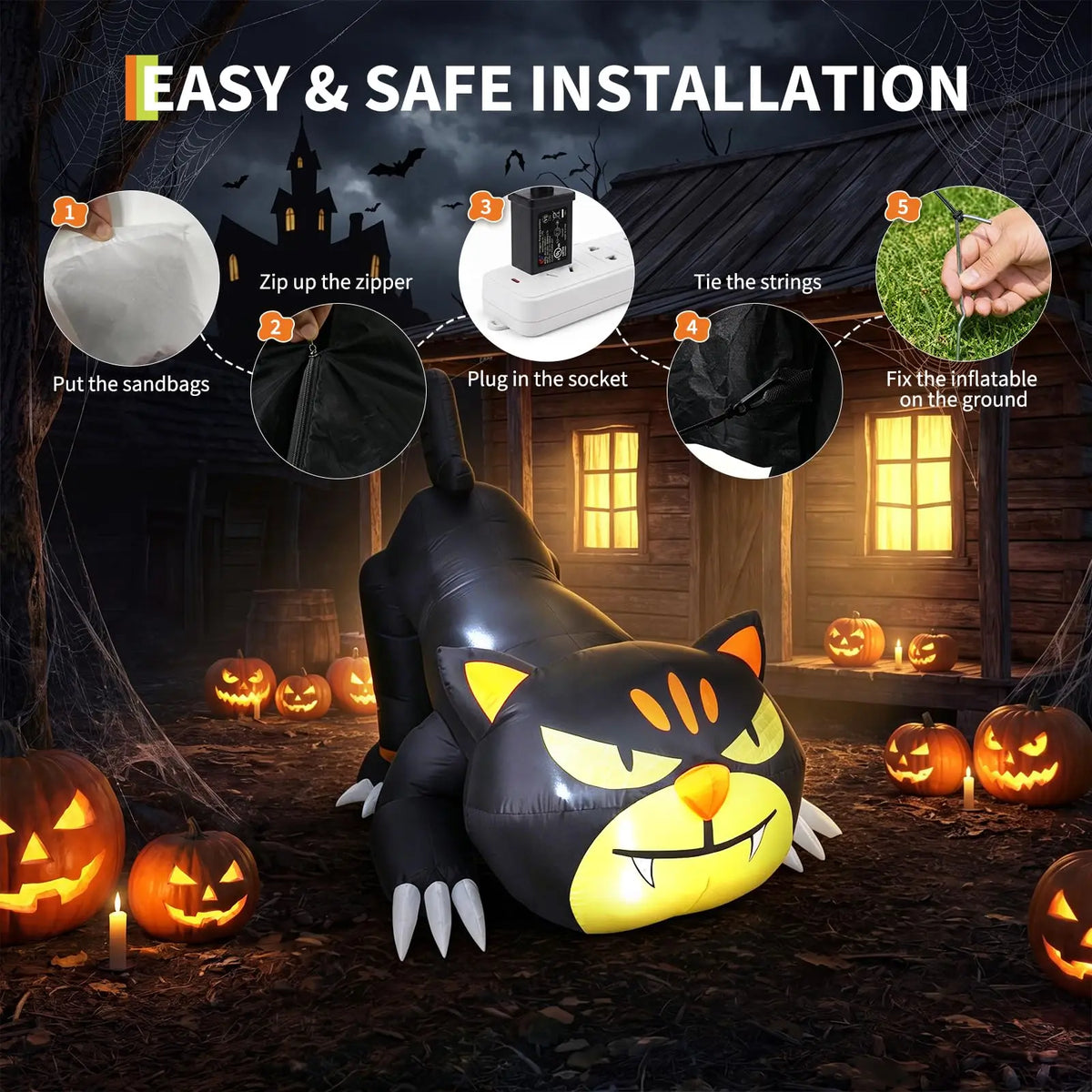HiMiss 7 Ft Glowing Crawling Black Cat Inflatable For Lawns