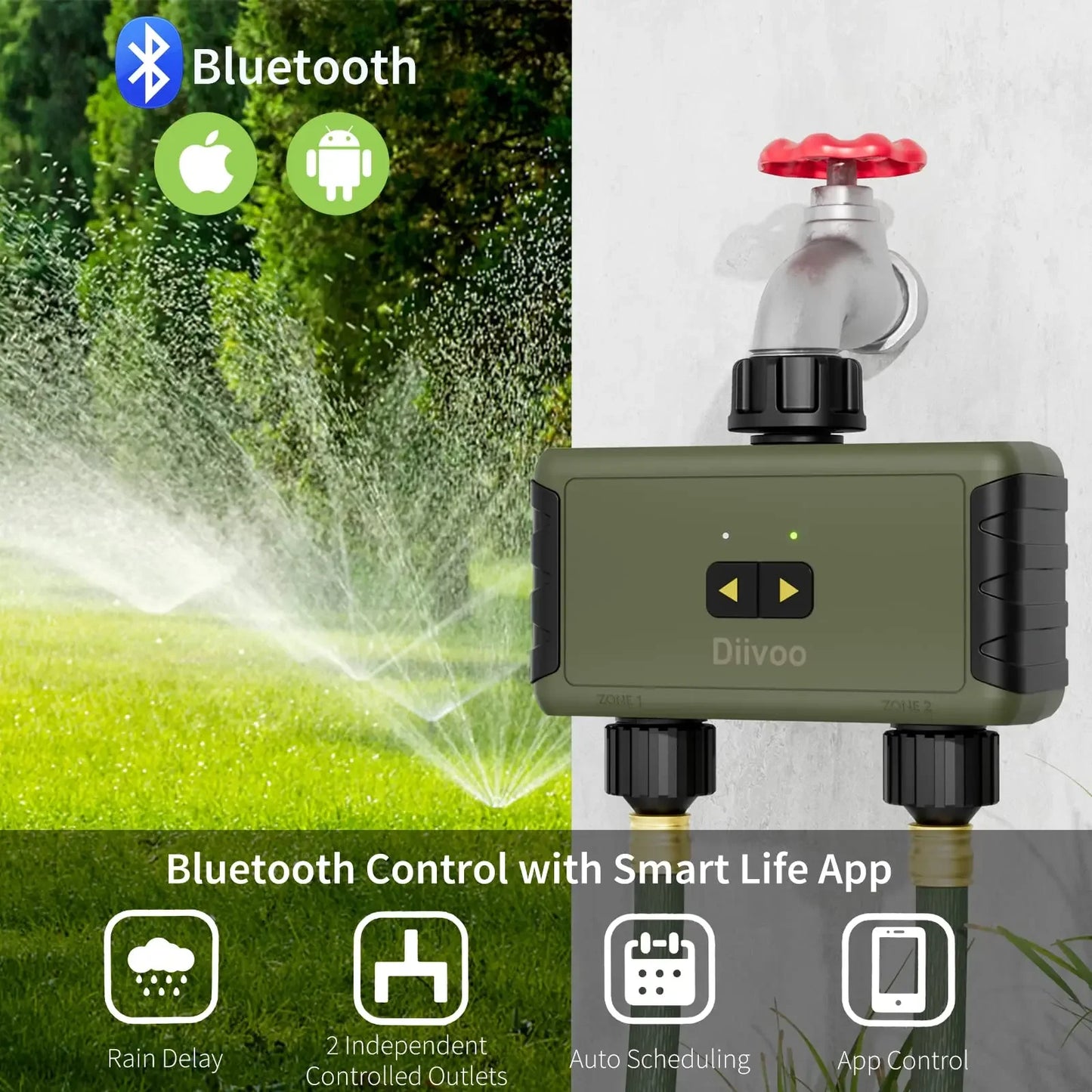 Diivoo Smart Bluetooth Garden Hose Water Timer With Rain Delay