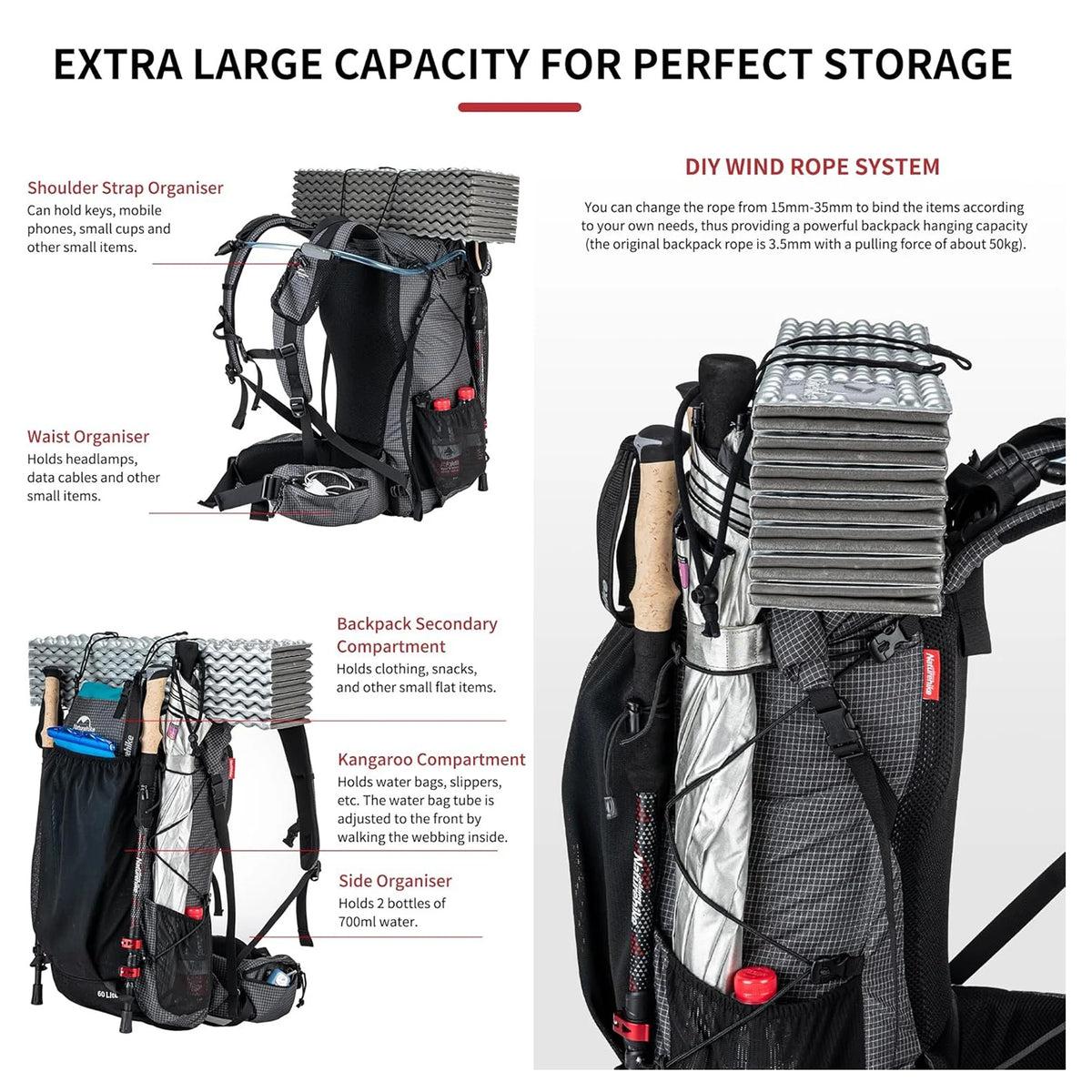 Naturehike Outdoor Waterproof 60 Plus 5L Hiking Travel Backpack