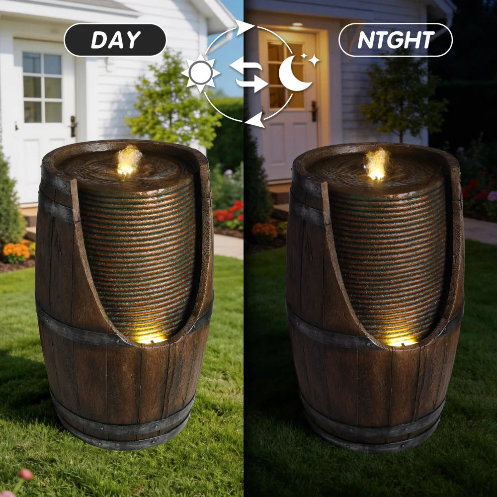 Rustic Wood Look Resin Outdoor Barrel Water Fountain With Lights
