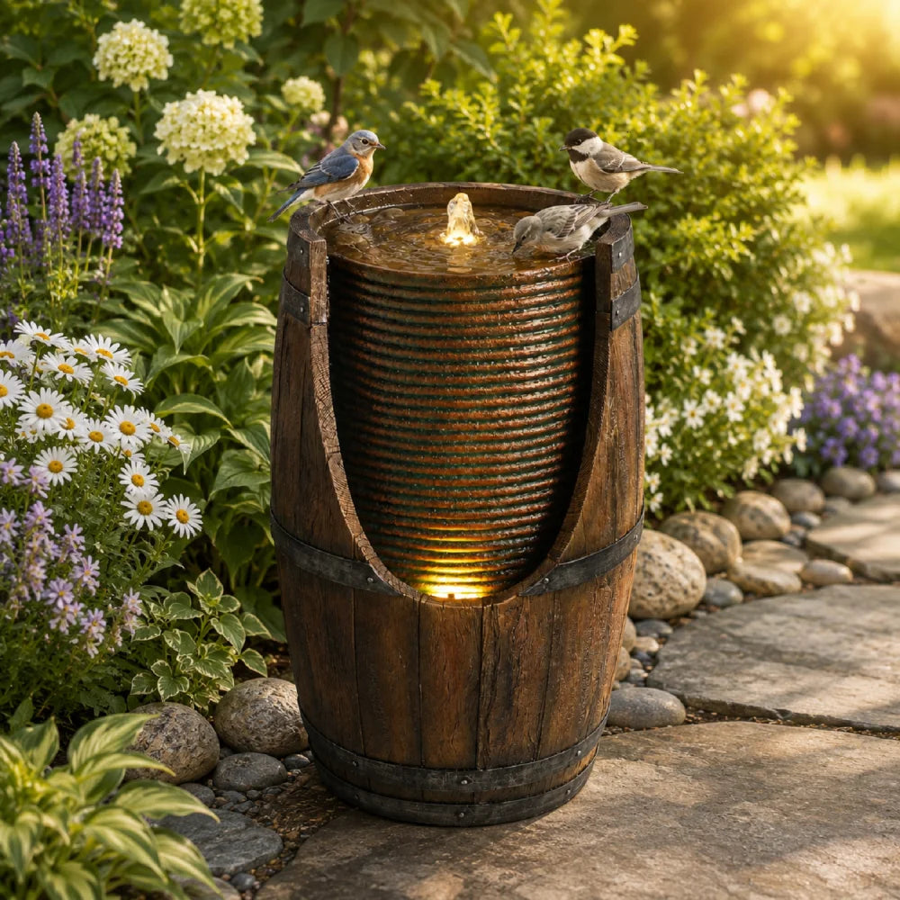 Rustic Wood Look Resin Outdoor Barrel Water Fountain With Lights