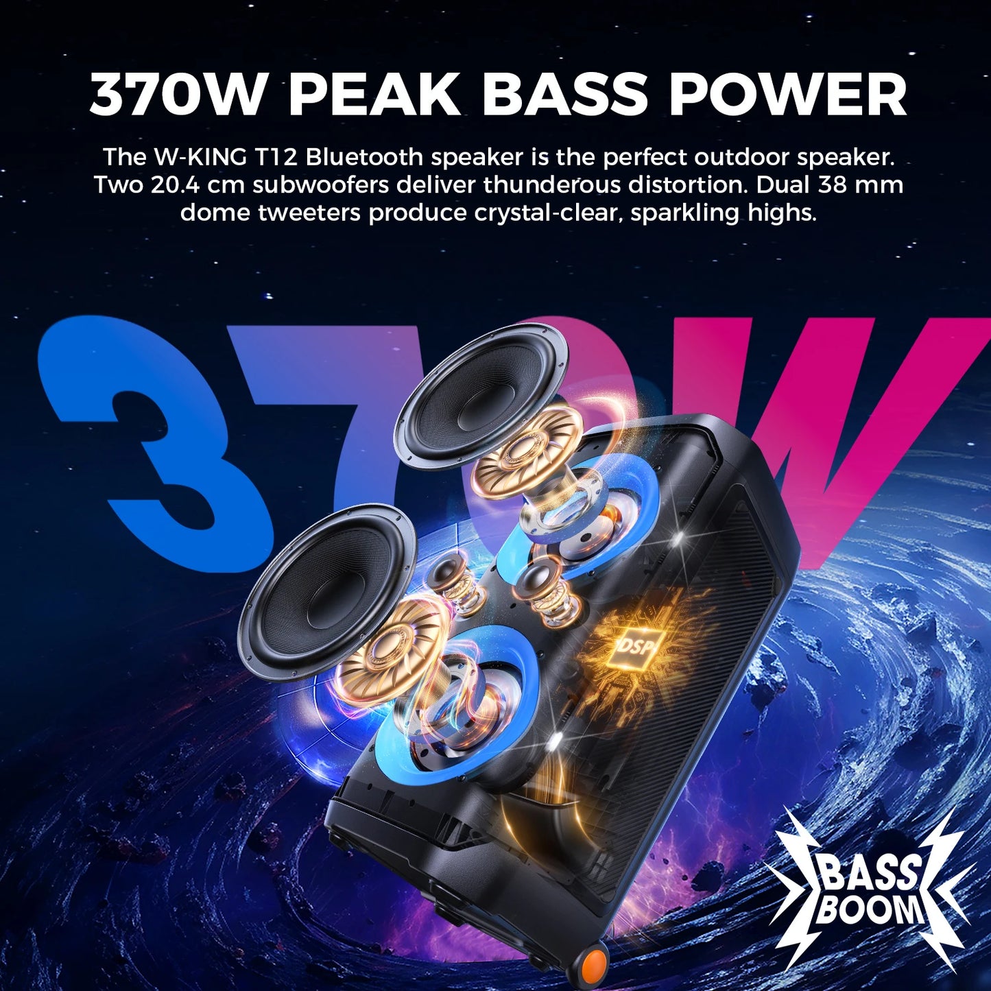W-King T12 Portable Bluetooth Speaker With 370W Output And Lighting