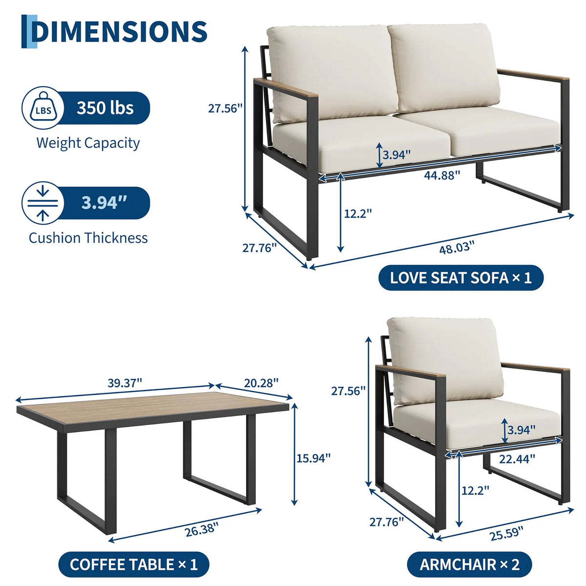 HobbyLane 4 Piece Outdoor Patio Furniture Set With Cushions